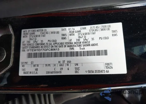 2016 Ford F-150 Lariat from USA, damaged, VIN 1FTEW1EF7GFC80613